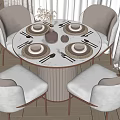 Elegant Round Marble Dining Table Set With Beige Upholstered Chairs And Tableware Vase 3d model