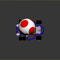 Cute Mushroom Head Doll Riding Blue Go Kart With Waving Hand And Red White Hat
