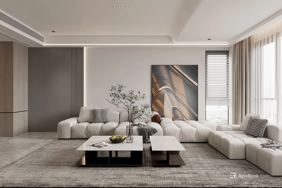 Modern Living And Dining Area With White Sofa Coffee Tables Rug Artwork And Plant 3d model 
