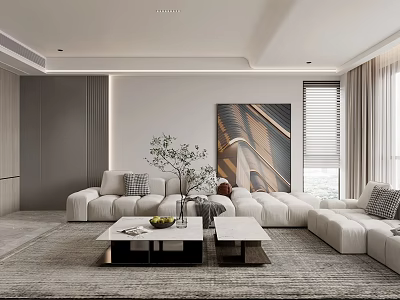 Modern Living And Dining Area With White Sofa Coffee Tables Rug Artwork And Plant 3d model