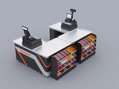 Supermarket Department Store Checkout Counters With Cash Registers And Product Shelves 3d model