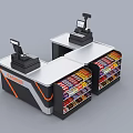 Supermarket Department Store Checkout Counters With Cash Registers And Product Shelves