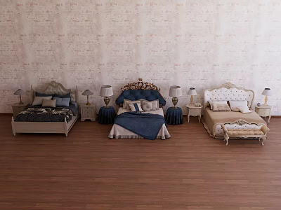 Three Classic Double Beds In Room With Patterned Wallpaper Wooden Floor Nightstands And Lamps 3d model