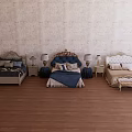 Three Classic Double Beds In Room With Patterned Wallpaper Wooden Floor Nightstands And Lamps