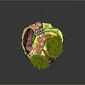 Cartoon Style Floating Island Scene With Green Tree Small Building And Stone Path