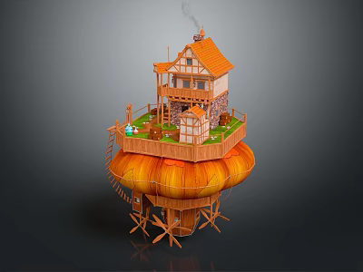 Enchanting Mushroom Top Cottage With Wooden Stairs Green Grass And Smoking Chimney 3d model