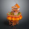 Enchanting Mushroom Top Cottage With Wooden Stairs Green Grass And Smoking Chimney