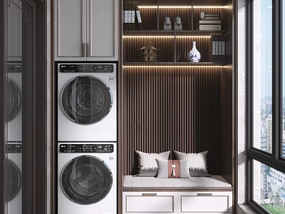 Home Balcony Design With Stacked Washer Dryer Window Seat Storage And City View 3d model