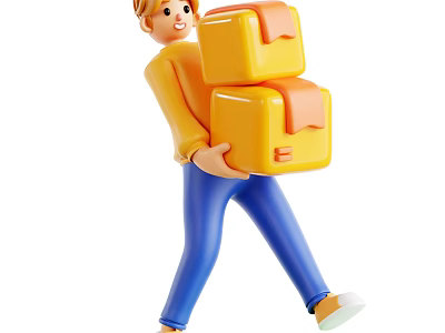 Man Carrying Two Stacked Yellow Boxes While Walking In Casual Outfit 3d model