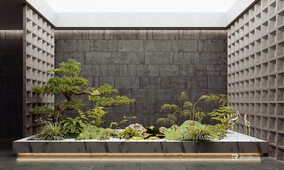 Tranquil Indoor Landscape With Gray Textured Walls Bonsai Pine Ferns White Stones And Crane Decor 3d model 