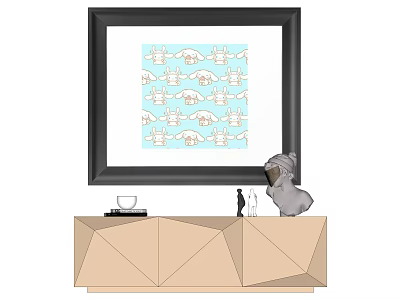 Framed Rabbit Pattern Artwork On Blue Background With Geometric Cabinet And Koala Figurine 3d model