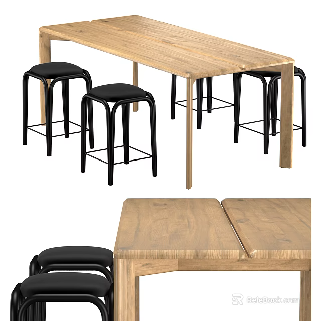 Modern Wooden Dining Table Set With Black Stools And Rectangular Top 3d model 