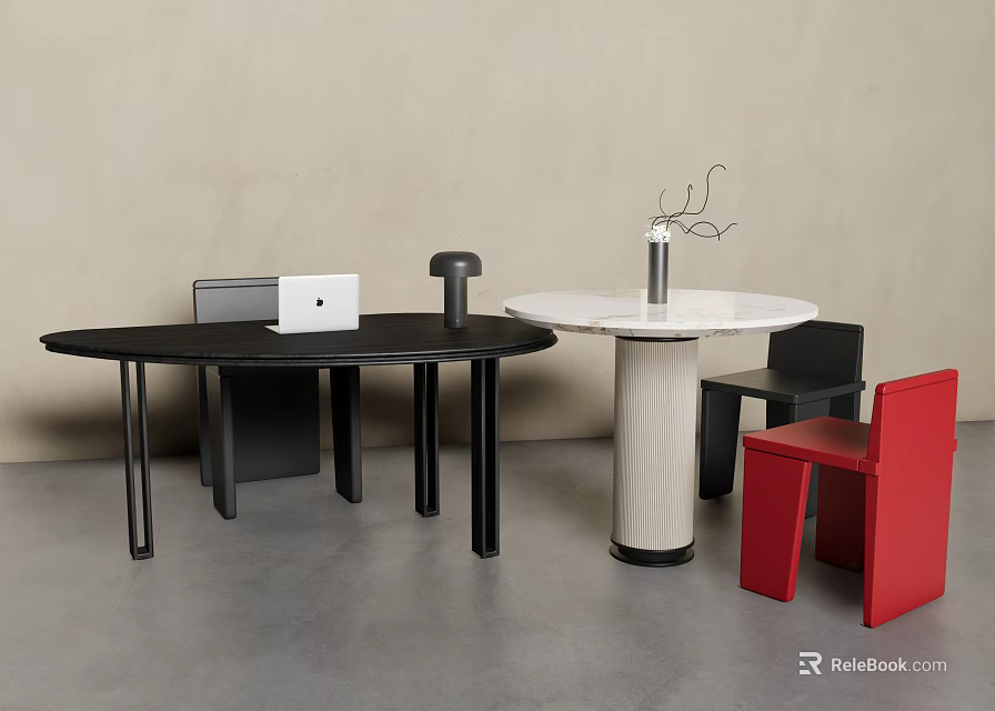 Modern Black Desk With Round Side Table Red Chair And Decorative Vase 3d model 