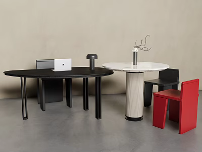 Modern Black Desk With Round Side Table Red Chair And Decorative Vase 3d model