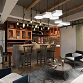 Bar Area Interior Design With Hanging Lights Brick Wall Cabinets And Bar Stools 3d model