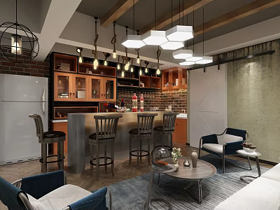 Bar Area Interior Design With Hanging Lights Brick Wall Cabinets And Bar Stools 3d model