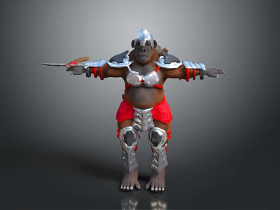 Game Character Ape Warrior In Silver Armor With Red Decorations Holding Sword And Arms Outstretched 3d model