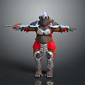 Game Character Ape Warrior In Silver Armor With Red Decorations Holding Sword And Arms Outstretched
