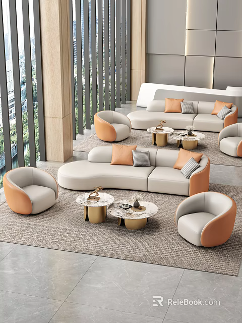 Modern Hotel Lobby Interior Design With Curved Sofa Armchairs Coffee Tables And Area Rug 3d model 