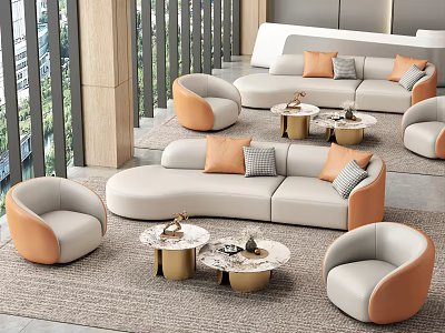 Modern Hotel Lobby Interior Design With Curved Sofa Armchairs Coffee Tables And Area Rug 3d model