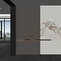 Modern Console Table With Wooden Wall Metal Line Decoration Marble Top And City View
