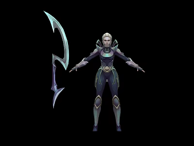Blonde Female Warrior In Futuristic Armor With Large Curved Blue Weapon And Green Accents 3d model