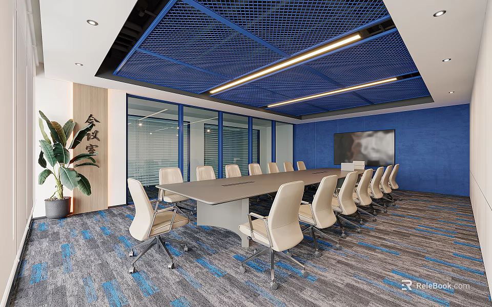 Modern Conference Room Interior With Long Table Beige Chairs Blue Walls Glass Partitions And Carpet 3d model 