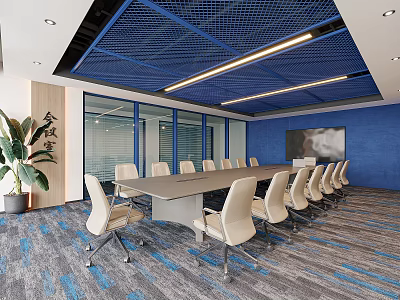 Modern Conference Room Interior With Long Table Beige Chairs Blue Walls Glass Partitions And Carpet 3d model