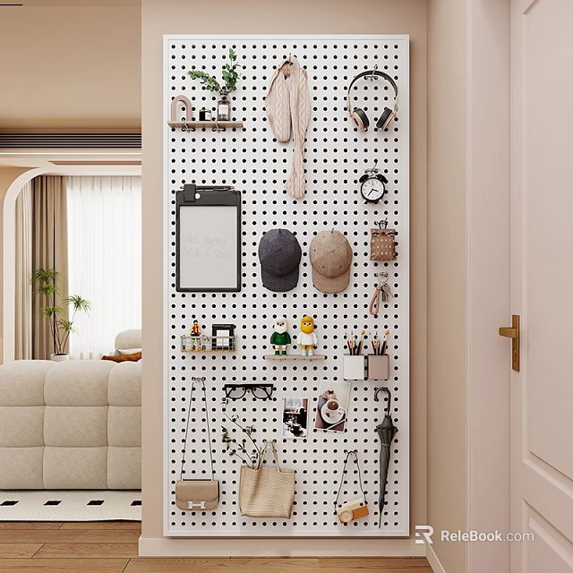 Pegboard Wall with Hats Headphones Clock Photo Frames and Decorative Ornaments Set 3d model 