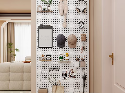 Pegboard Wall with Hats Headphones Clock Photo Frames and Decorative Ornaments Set 3d model