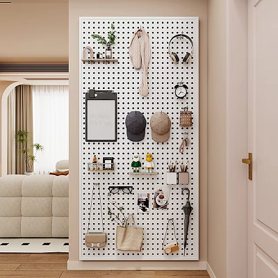 Pegboard Wall with Hats Headphones Clock Photo Frames and Decorative Ornaments Set 3d model