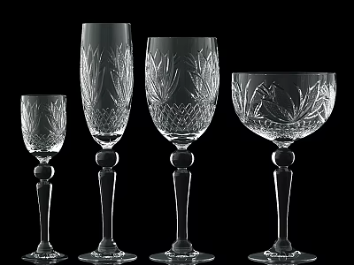 Crystal Wine Glasses With Engraved Patterns In Various Sizes And Tall Stems On Black Background 3d model