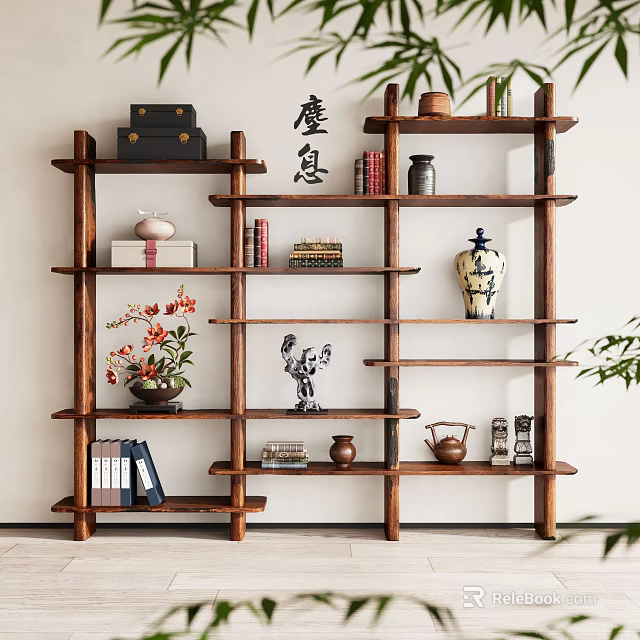 Wooden Chinese Style Shelves With Books Vases Tea Sets And Decorative Items In Interior 3d model 