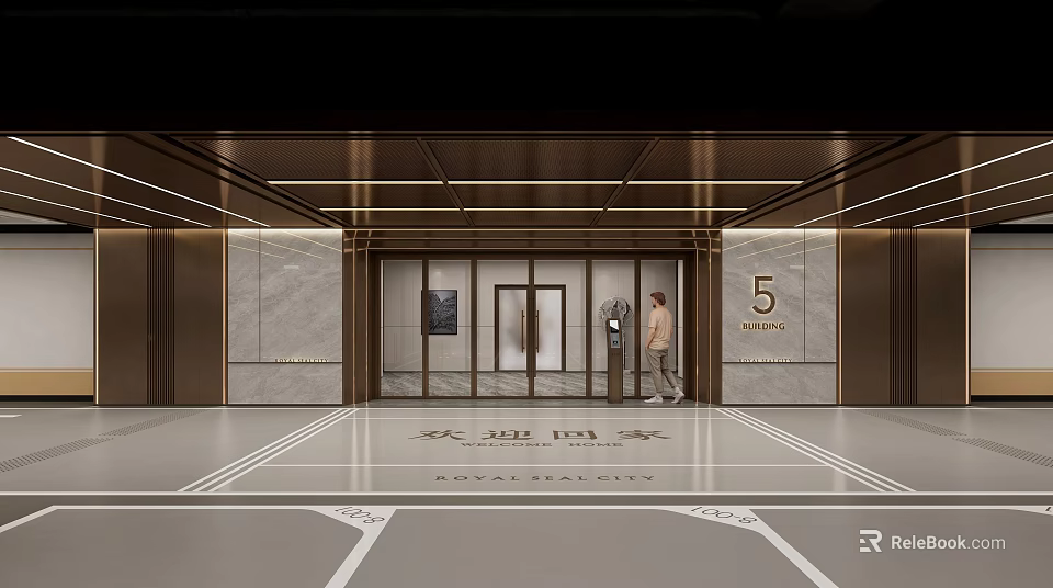 Modern Parking Lot Area 5 with Floor Guide Lines Elevator Doors and Luxury Finishes 3d model 