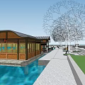 Traditional Pavilion With Trees And People Near Sea View Open Space
