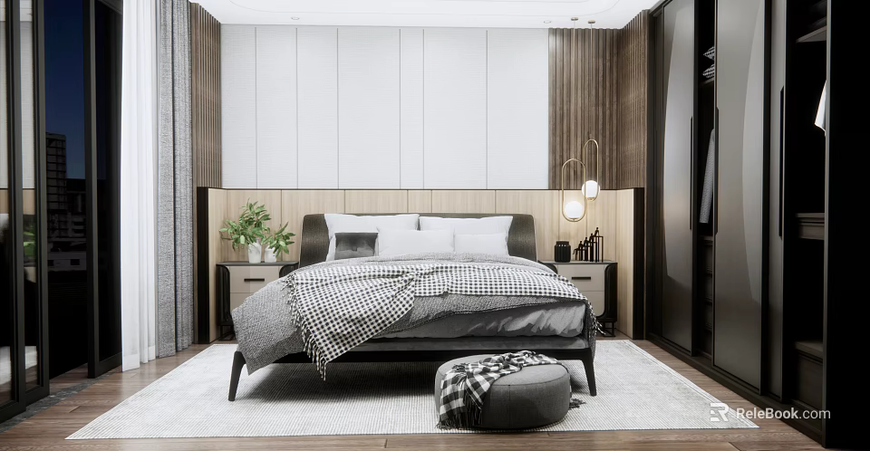 Modern Background Double Bed With Wooden White Panel Bedhead Nightstands Potted Plant And Table Lamp 3d model 
