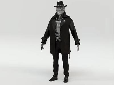 Smart Machine Humanoid In Black Trench Coat And Fedora Hat With Detective Style Mechanical Details 3d model