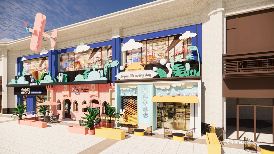 Vibrant Commercial Street With Colorful Shopfronts Outdoor Seating And Green Plants 3d model 