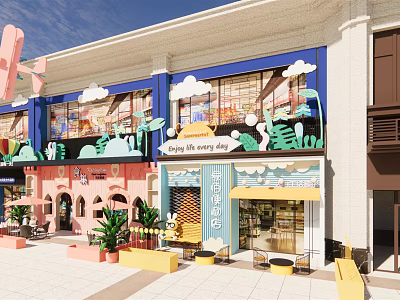 Vibrant Commercial Street With Colorful Shopfronts Outdoor Seating And Green Plants 3d model