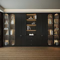 Modern Luxury Black Bookcase With Glass Shelves Lighting And Decorative Books