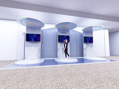 Three Circular Modern Interactive Exhibition Booths With Digital Screens And Central Person Standing 3d model