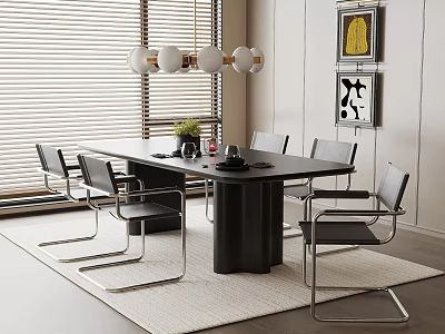 Modern Restaurant Interior With Black Dining Table Metal Chairs Chandelier Wall Art And White Rug 3d model