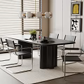 Modern Restaurant Interior With Black Dining Table Metal Chairs Chandelier Wall Art And White Rug