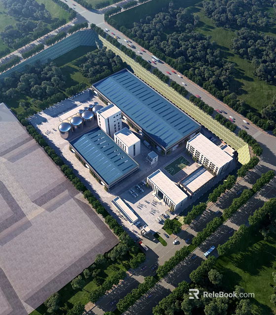 Industrial Factory Aerial View With Modern Building Structure Surrounding Greenery And Parking Area 3d model 