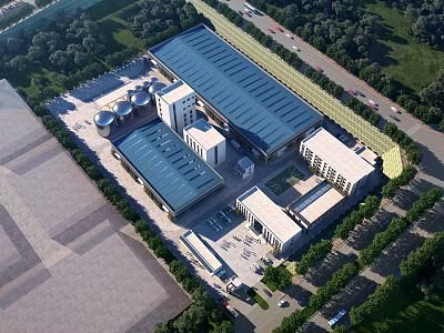 Industrial Factory Aerial View With Modern Building Structure Surrounding Greenery And Parking Area 3d model