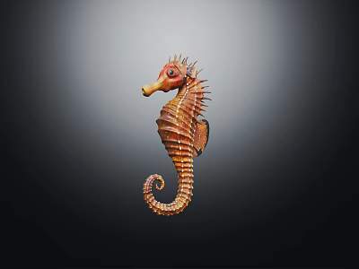 Vibrant Brown Orange Seahorse With Spiral Tail Striped Body Spiky Dorsal Fin Against Dark Background 3d model
