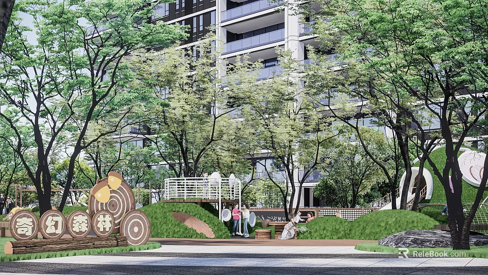 Beautiful Green Residential Landscape With Lush Trees High Rise Buildings And Recreational Areas 3d model 