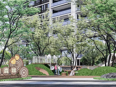 Beautiful Green Residential Landscape With Lush Trees High Rise Buildings And Recreational Areas 3d model