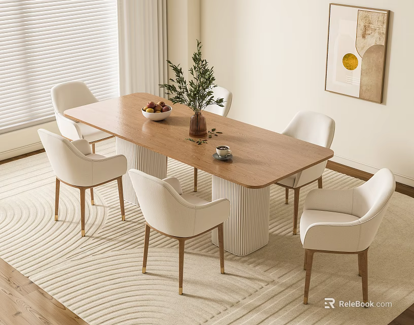 Stylish Wooden Dining Table Set with White Chairs Fruit Bowl Green Plant and Wall Artwork 3d model 