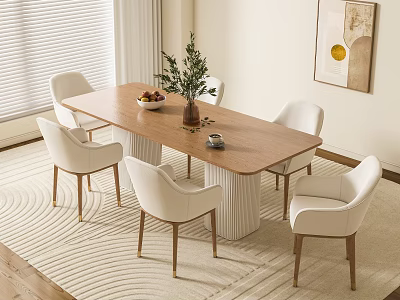 Stylish Wooden Dining Table Set with White Chairs Fruit Bowl Green Plant and Wall Artwork 3d model